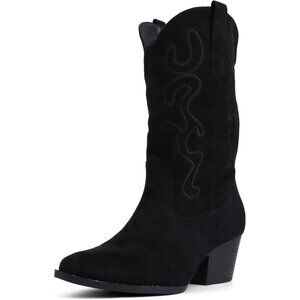 Women Black Suede Mid Calf Chunky Block Heel Western Embroidered Cowgirl Boot
